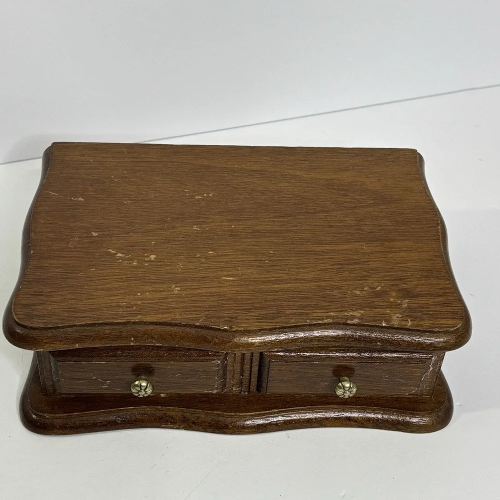 Vintage Wood Jewelry Box With Mirror Yellow Velvet Lining